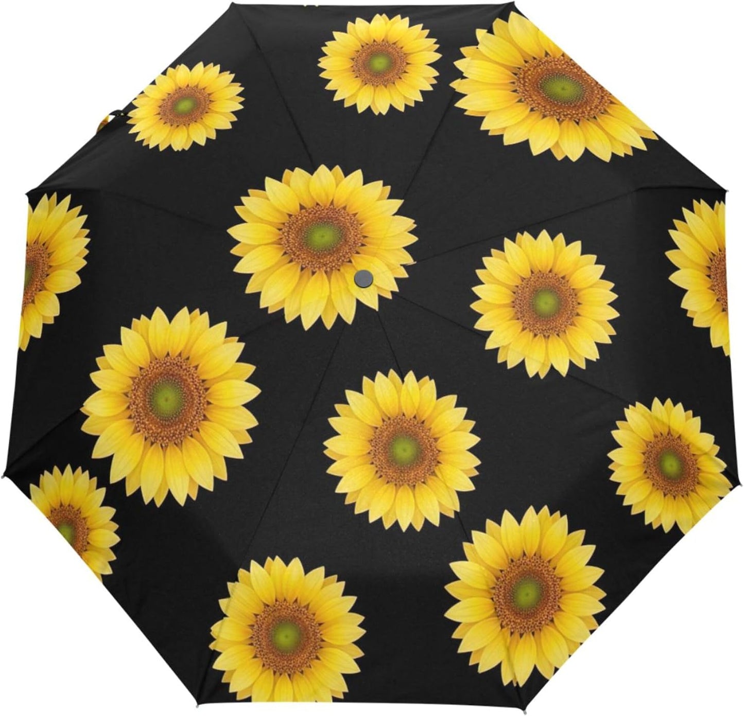 Yellow Sunflower Black Travel Folding Compact Umbrella, Lightweight Automatic Versatile Cute Print Umbrella for Rain, 42.5x24inch