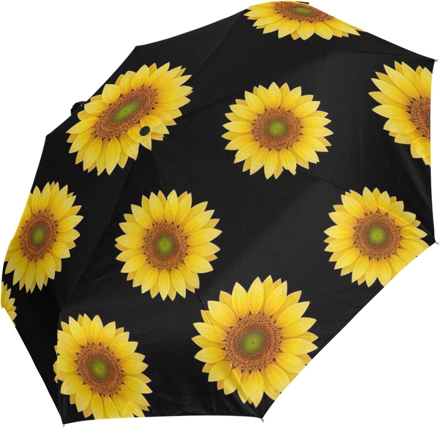 Yellow Sunflower Black Travel Folding Compact Umbrella, Lightweight Automatic Versatile Cute Print Umbrella for Rain, 42.5x24inch