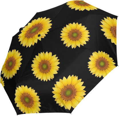 Yellow Sunflower Black Travel Folding Compact Umbrella, Lightweight Automatic Versatile Cute Print Umbrella for Rain, 42.5x24inch