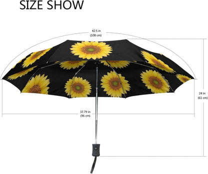 Yellow Sunflower Black Travel Folding Compact Umbrella, Lightweight Automatic Versatile Cute Print Umbrella for Rain, 42.5x24inch