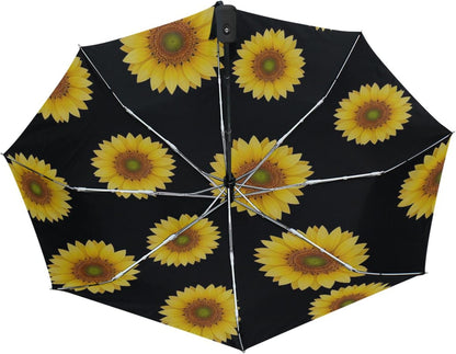 Yellow Sunflower Black Travel Folding Compact Umbrella, Lightweight Automatic Versatile Cute Print Umbrella for Rain, 42.5x24inch