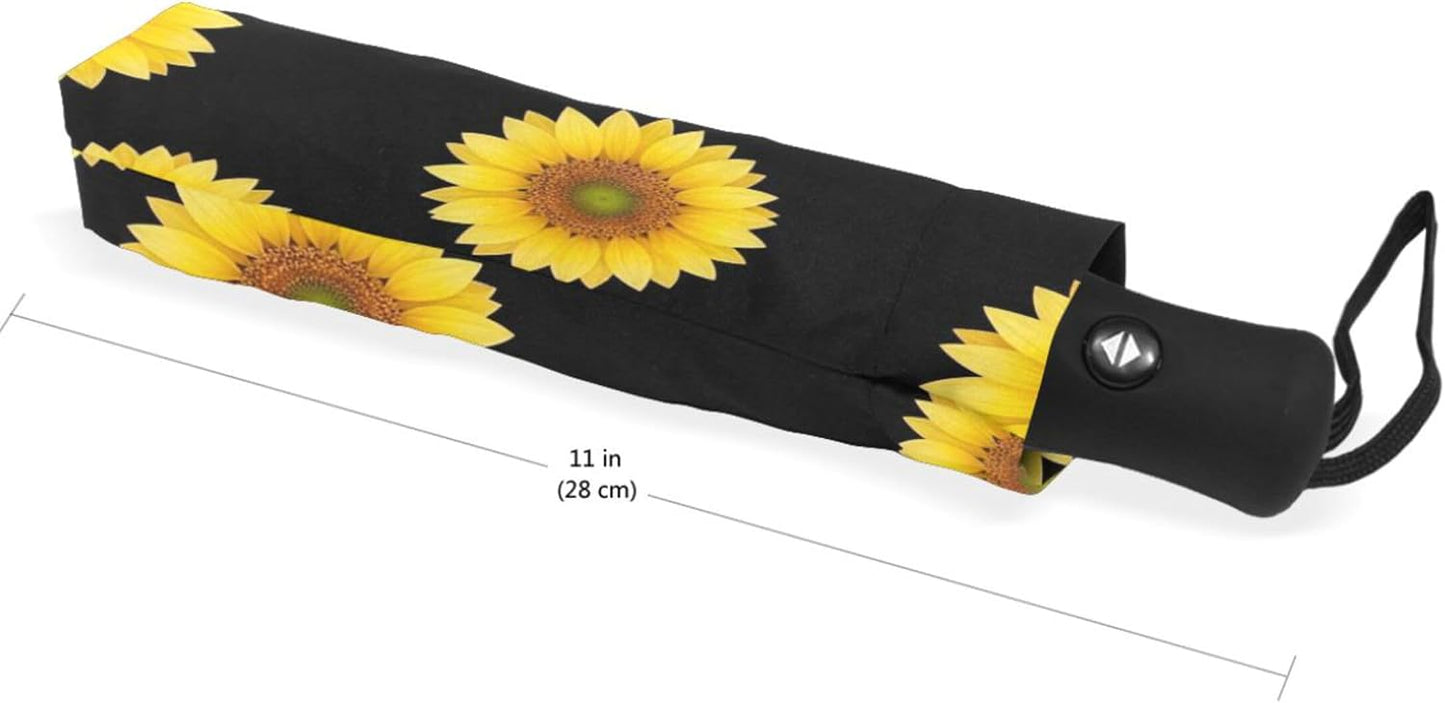 Yellow Sunflower Black Travel Folding Compact Umbrella, Lightweight Automatic Versatile Cute Print Umbrella for Rain, 42.5x24inch