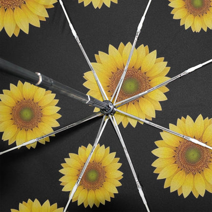 Yellow Sunflower Black Travel Folding Compact Umbrella, Lightweight Automatic Versatile Cute Print Umbrella for Rain, 42.5x24inch