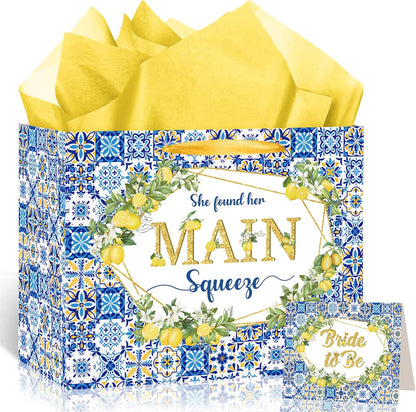 Capri Lemon Bridal Shower Gift Bags She Found Her Main Squeeze Party Favors Bags with Tissue Paper Greeting Card Blue Tiles Yellow Lemon Paper Bag for Lemon Bridal Shower Engagement Party Decorations