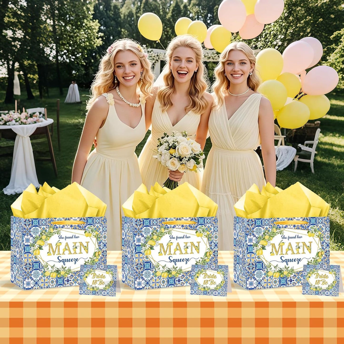 Capri Lemon Bridal Shower Gift Bags She Found Her Main Squeeze Party Favors Bags with Tissue Paper Greeting Card Blue Tiles Yellow Lemon Paper Bag for Lemon Bridal Shower Engagement Party Decorations