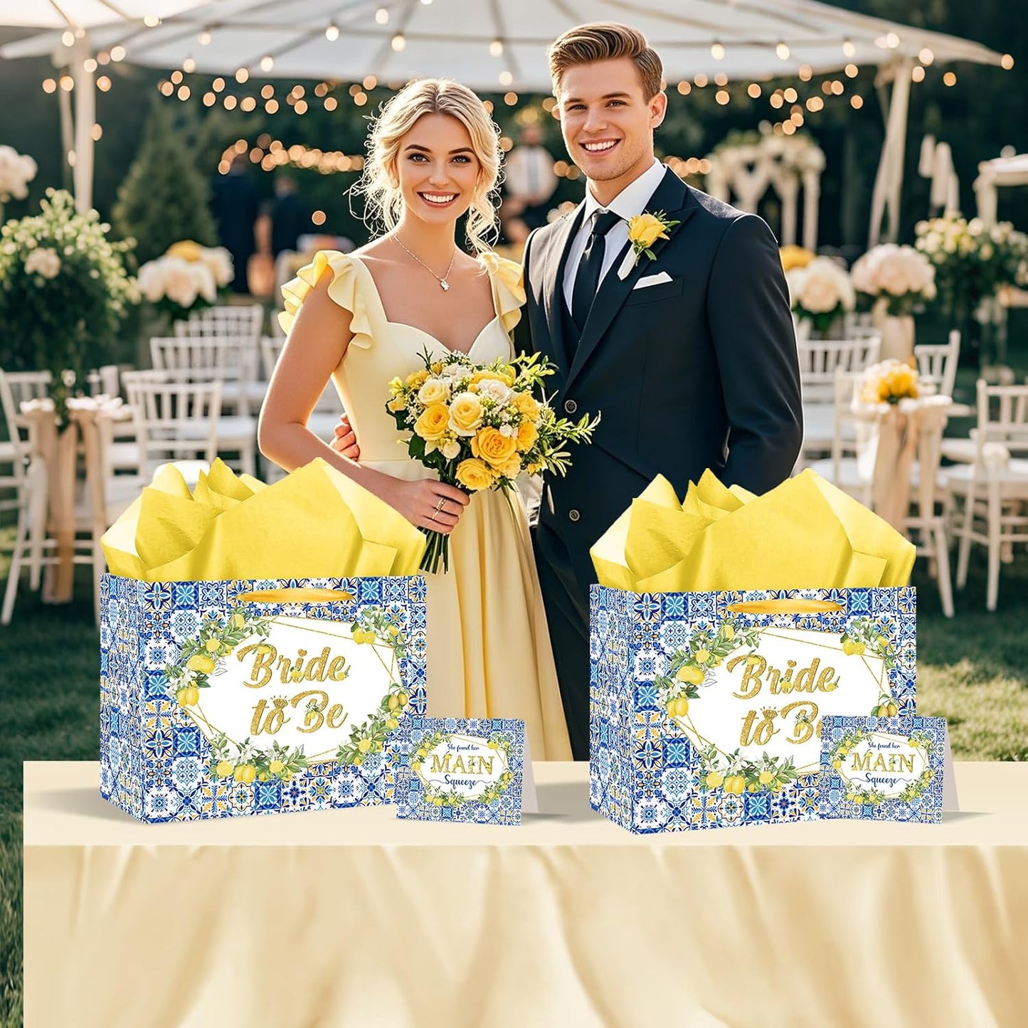 Capri Lemon Bridal Shower Gift Bags She Found Her Main Squeeze Party Favors Bags with Tissue Paper Greeting Card Blue Tiles Yellow Lemon Paper Bag for Lemon Bridal Shower Engagement Party Decorations