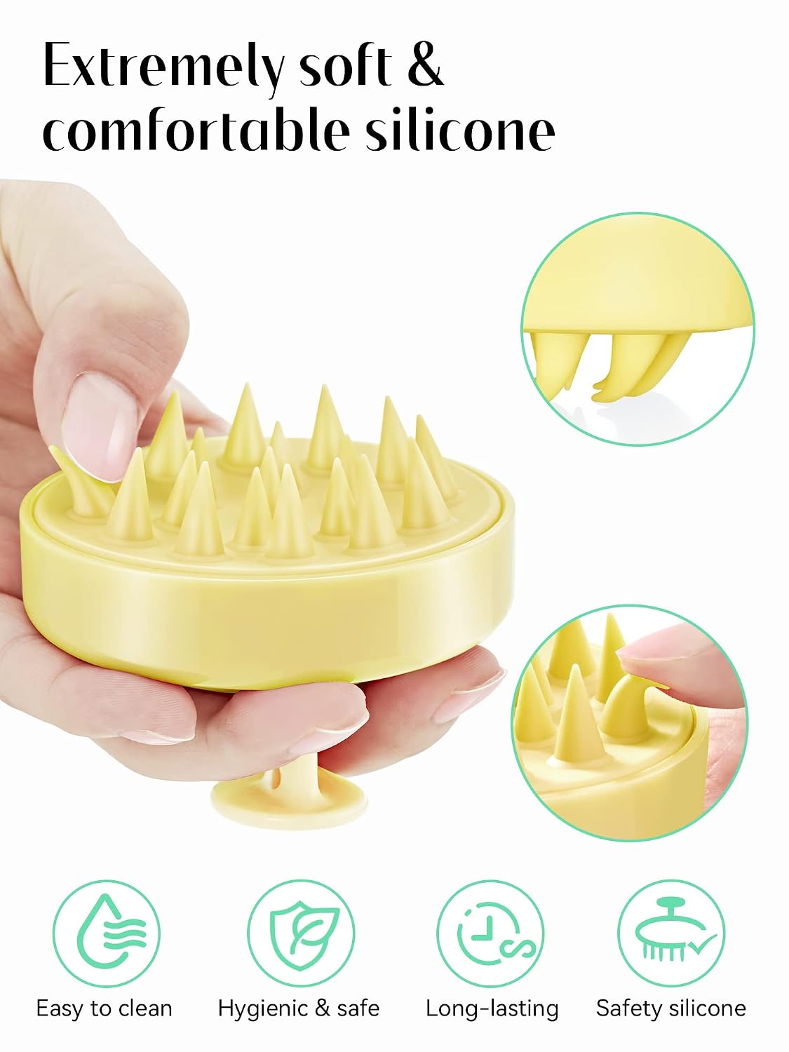 Scalp Massager with Soft Silicone Bristles - Promotes Hair Growth, Exfoliates Scalp, Removes Dandruff, and Enhances Shampoo Cleansing, Yellow