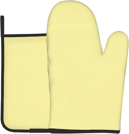 Light Yellow Print Oven Mitts and Pot Holders Sets | Heat Resistant Oven Mitts And Pot Holders Set, Non Slip Kitchen Baking Gloves Hot Pads For Cooking Roasting Baking Use