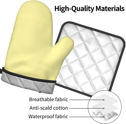 Light Yellow Print Oven Mitts and Pot Holders Sets | Heat Resistant Oven Mitts And Pot Holders Set, Non Slip Kitchen Baking Gloves Hot Pads For Cooking Roasting Baking Use