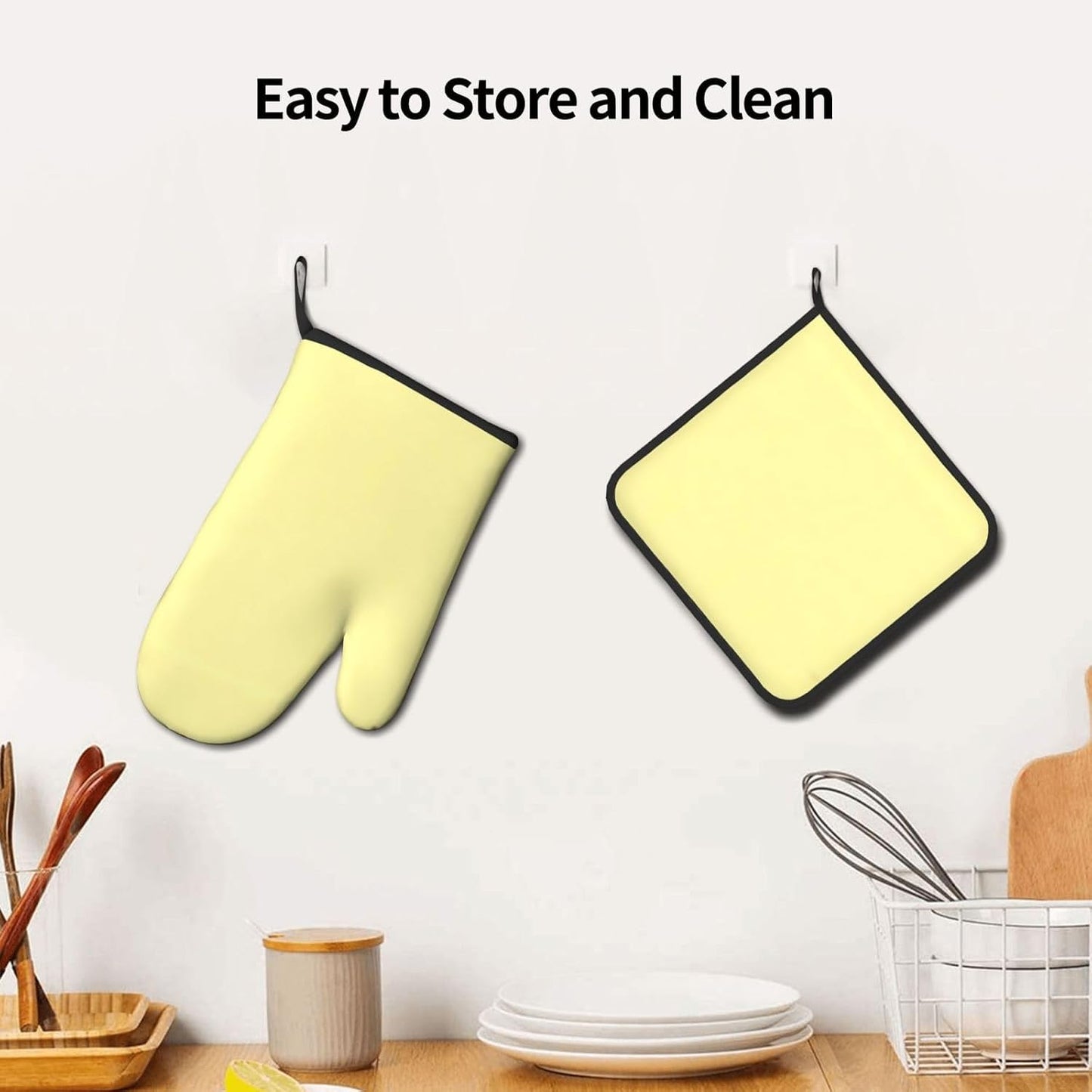 Light Yellow Print Oven Mitts and Pot Holders Sets | Heat Resistant Oven Mitts And Pot Holders Set, Non Slip Kitchen Baking Gloves Hot Pads For Cooking Roasting Baking Use
