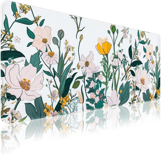 Floral Desk Mat, Desk Matt for Desktop Non-Slip, Large Mouse Pad with Stitched Edges, XL Computer Desk Mat for Women Office Decor (Yellow, 31.5" x 15.7")