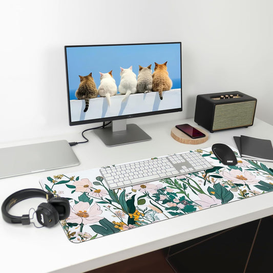 Floral Desk Mat, Desk Matt for Desktop Non-Slip, Large Mouse Pad with Stitched Edges, XL Computer Desk Mat for Women Office Decor (Yellow, 31.5" x 15.7")