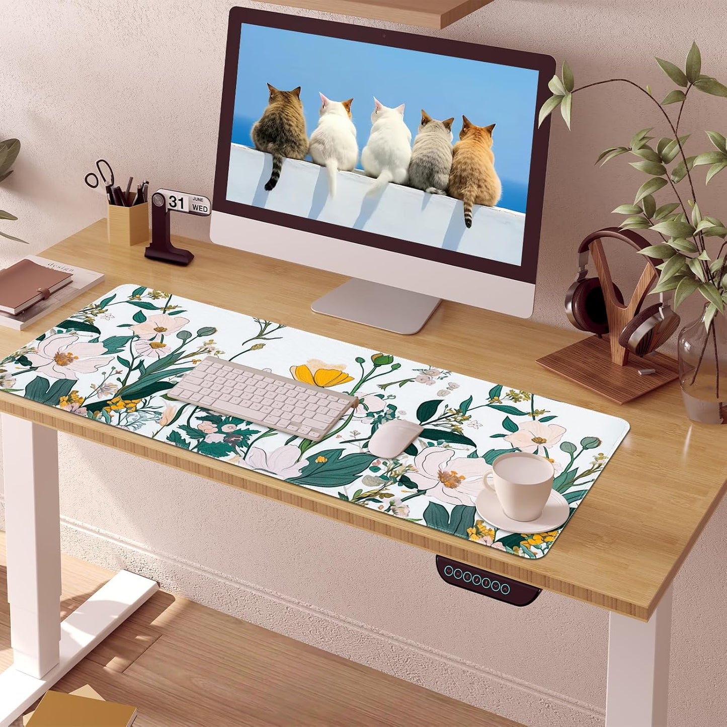 Floral Desk Mat, Desk Matt for Desktop Non-Slip, Large Mouse Pad with Stitched Edges, XL Computer Desk Mat for Women Office Decor (Yellow, 31.5" x 15.7")