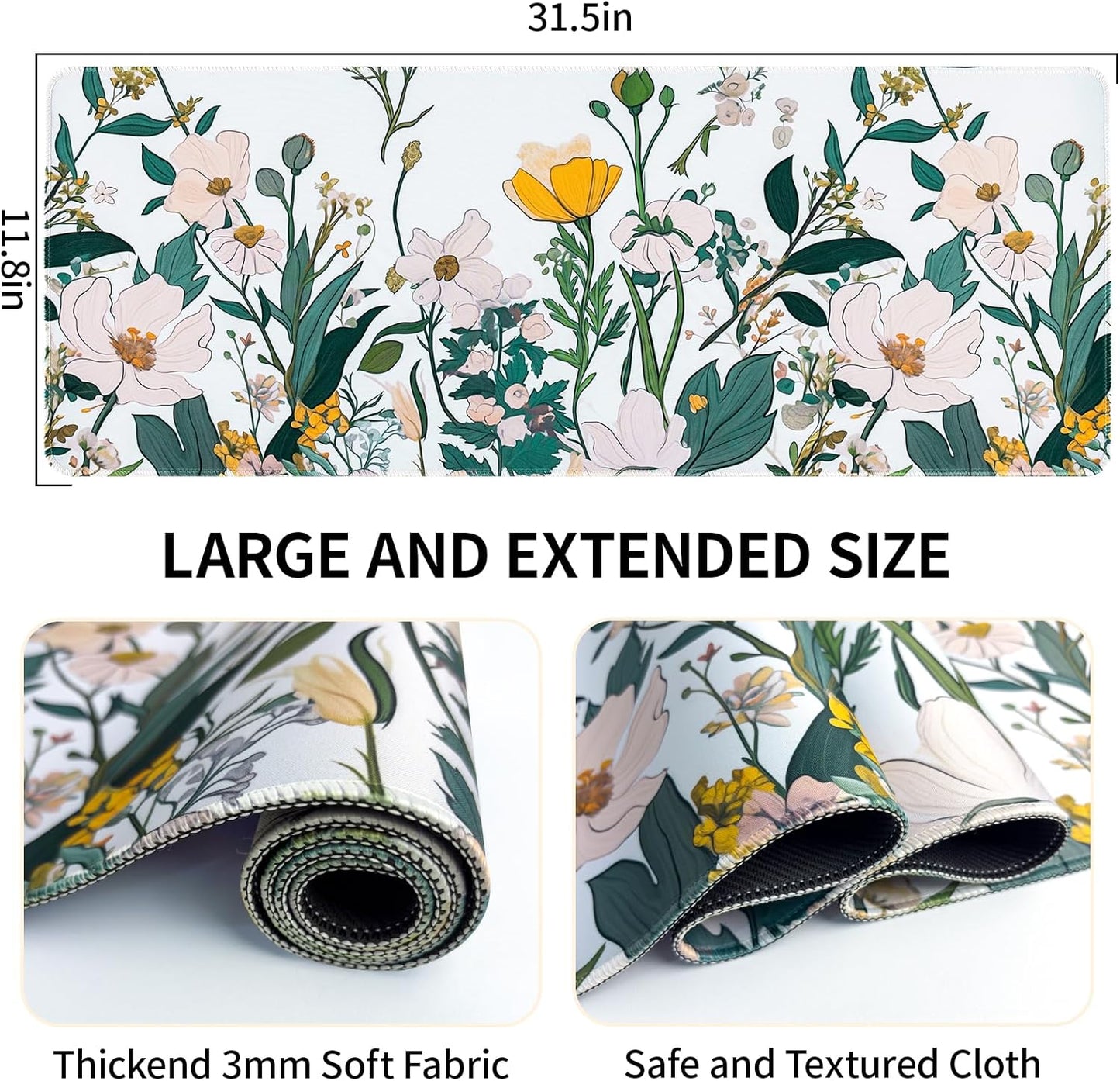Floral Desk Mat, Desk Matt for Desktop Non-Slip, Large Mouse Pad with Stitched Edges, XL Computer Desk Mat for Women Office Decor (Yellow, 31.5" x 15.7")