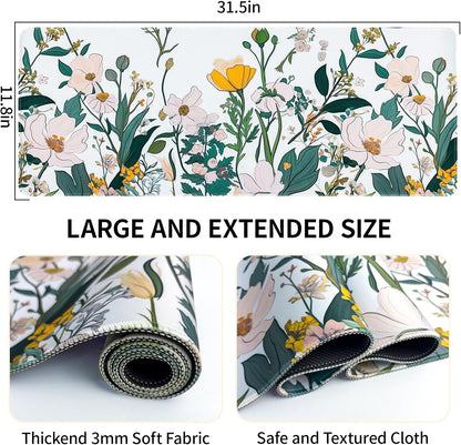Floral Desk Mat, Desk Matt for Desktop Non-Slip, Large Mouse Pad with Stitched Edges, XL Computer Desk Mat for Women Office Decor (Yellow, 31.5" x 15.7")