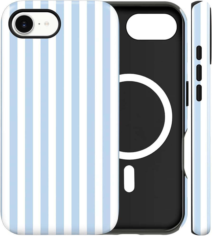 Magnetic for iPhone 17e Case Cute Stripes Phone Case, Blue&White | Aesthetic Striped Shockproof Slim TPU and Hard PC Protective Phone Cover Compatible with MagSafe Designed for Women Girls