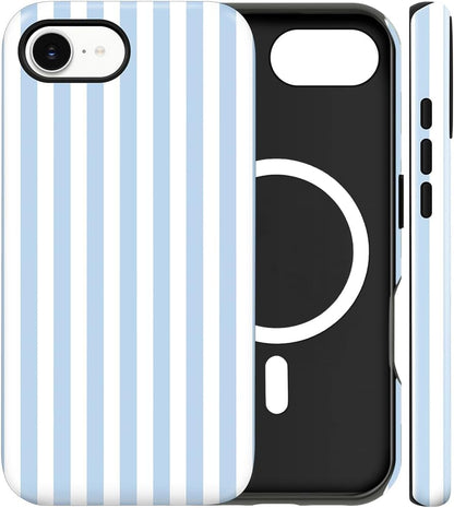 Magnetic for iPhone 17e Case Cute Stripes Phone Case, Blue&White | Aesthetic Striped Shockproof Slim TPU and Hard PC Protective Phone Cover Compatible with MagSafe Designed for Women Girls