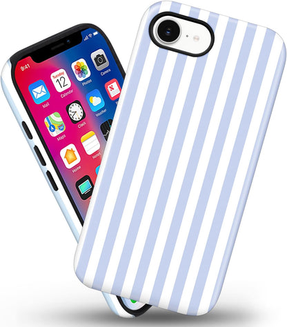 Magnetic for iPhone 17e Case Cute Stripes Phone Case, Blue&White | Aesthetic Striped Shockproof Slim TPU and Hard PC Protective Phone Cover Compatible with MagSafe Designed for Women Girls