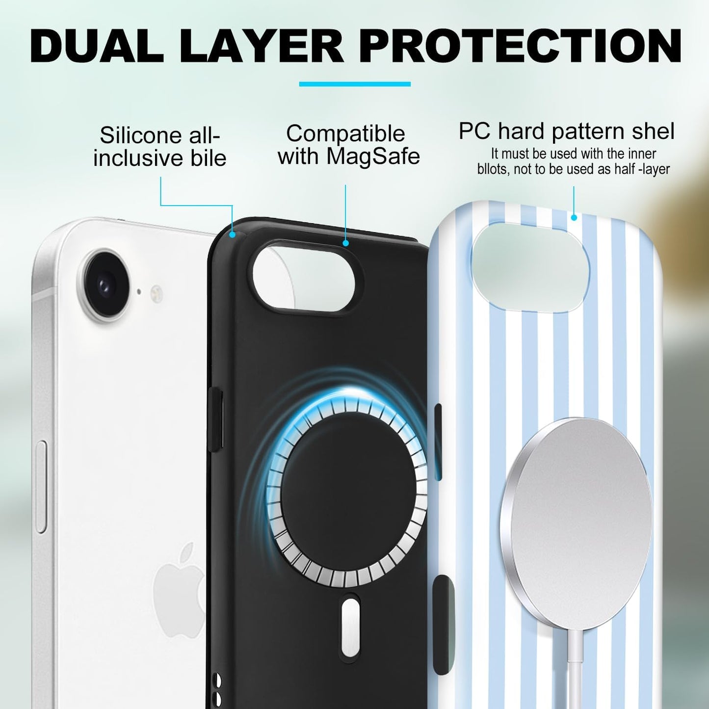 Magnetic for iPhone 17e Case Cute Stripes Phone Case, Blue&White | Aesthetic Striped Shockproof Slim TPU and Hard PC Protective Phone Cover Compatible with MagSafe Designed for Women Girls