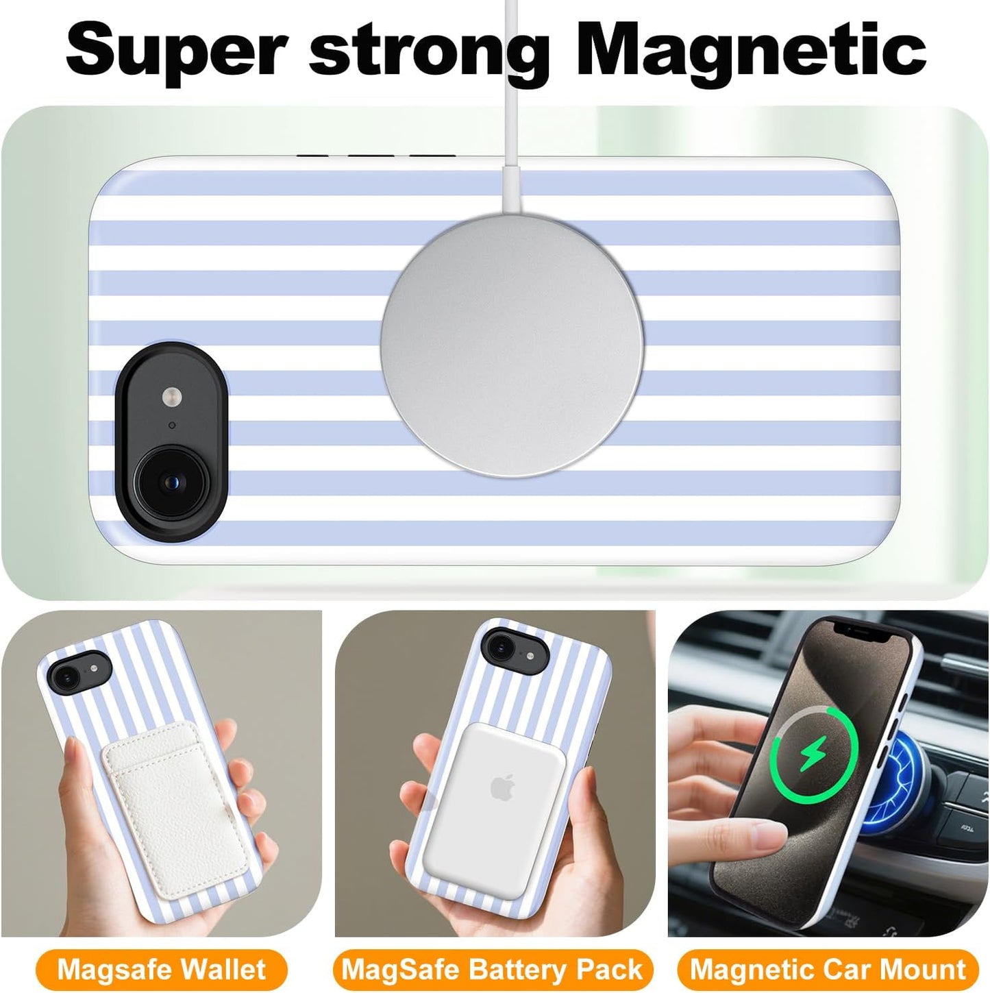 Magnetic for iPhone 17e Case Cute Stripes Phone Case, Blue&White | Aesthetic Striped Shockproof Slim TPU and Hard PC Protective Phone Cover Compatible with MagSafe Designed for Women Girls
