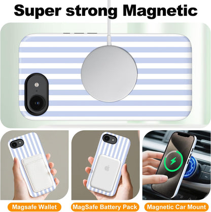 Magnetic for iPhone 17e Case Cute Stripes Phone Case, Blue&White | Aesthetic Striped Shockproof Slim TPU and Hard PC Protective Phone Cover Compatible with MagSafe Designed for Women Girls
