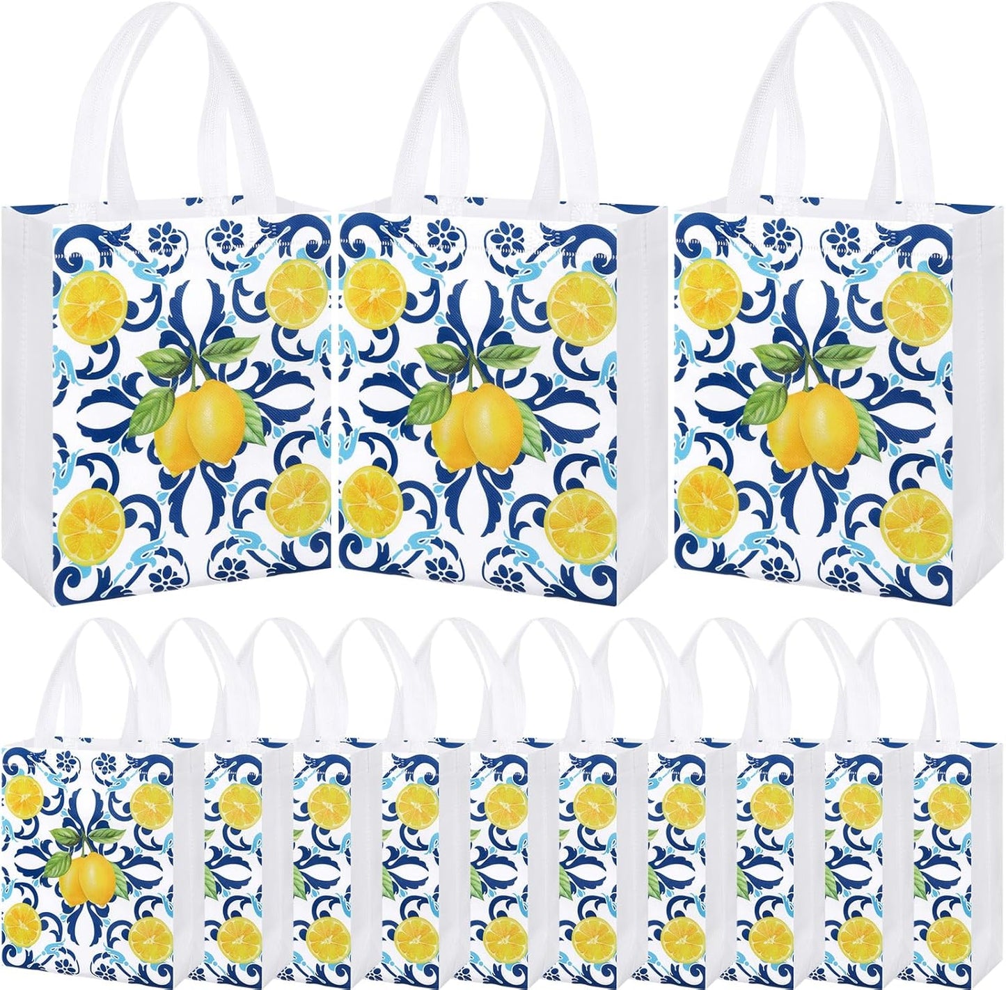 24 Pack Capri Lemon Gift Bags Medium Goodie Blue Tiles Lemon Party Favor Bags Reusable Italian Non Woven Totes for Women Guests Amalfi Coast Party Birthday Holiday Travel(9.8"x7.9"x 3.9")