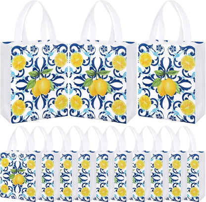 24 Pack Capri Lemon Gift Bags Medium Goodie Blue Tiles Lemon Party Favor Bags Reusable Italian Non Woven Totes for Women Guests Amalfi Coast Party Birthday Holiday Travel(9.8"x7.9"x 3.9")