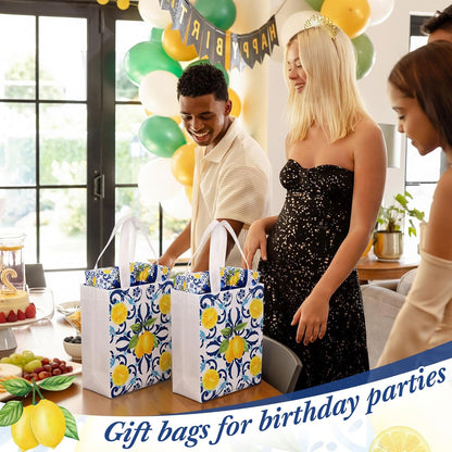 24 Pack Capri Lemon Gift Bags Medium Goodie Blue Tiles Lemon Party Favor Bags Reusable Italian Non Woven Totes for Women Guests Amalfi Coast Party Birthday Holiday Travel(9.8"x7.9"x 3.9")