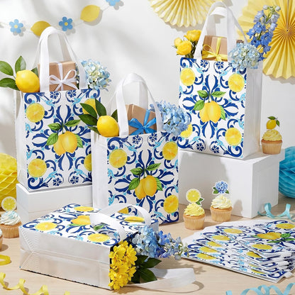 24 Pack Capri Lemon Gift Bags Medium Goodie Blue Tiles Lemon Party Favor Bags Reusable Italian Non Woven Totes for Women Guests Amalfi Coast Party Birthday Holiday Travel(9.8"x7.9"x 3.9")