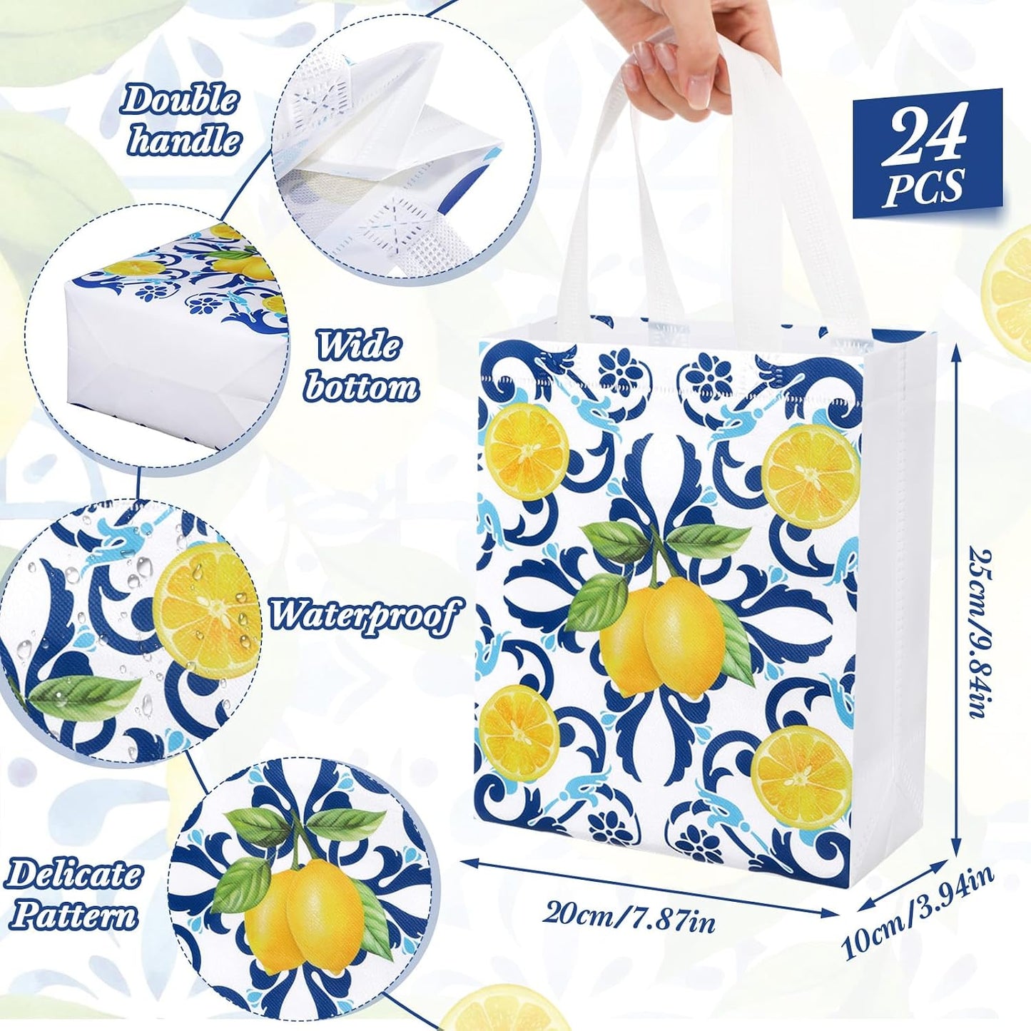 24 Pack Capri Lemon Gift Bags Medium Goodie Blue Tiles Lemon Party Favor Bags Reusable Italian Non Woven Totes for Women Guests Amalfi Coast Party Birthday Holiday Travel(9.8"x7.9"x 3.9")