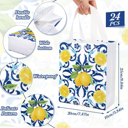 24 Pack Capri Lemon Gift Bags Medium Goodie Blue Tiles Lemon Party Favor Bags Reusable Italian Non Woven Totes for Women Guests Amalfi Coast Party Birthday Holiday Travel(9.8"x7.9"x 3.9")