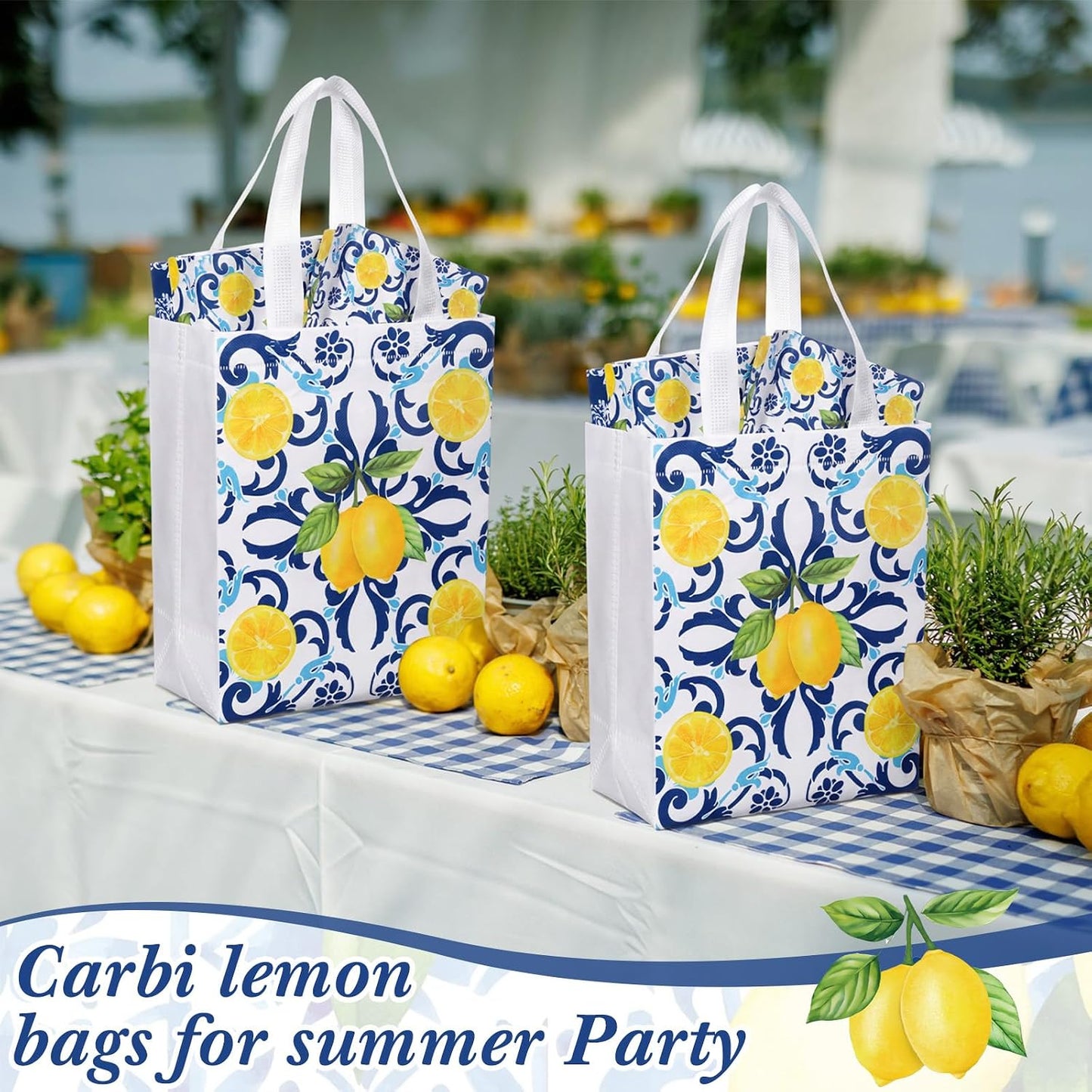 24 Pack Capri Lemon Gift Bags Medium Goodie Blue Tiles Lemon Party Favor Bags Reusable Italian Non Woven Totes for Women Guests Amalfi Coast Party Birthday Holiday Travel(9.8"x7.9"x 3.9")