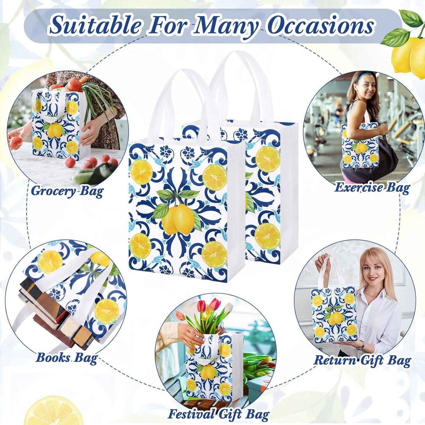 24 Pack Capri Lemon Gift Bags Medium Goodie Blue Tiles Lemon Party Favor Bags Reusable Italian Non Woven Totes for Women Guests Amalfi Coast Party Birthday Holiday Travel(9.8"x7.9"x 3.9")
