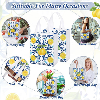 24 Pack Capri Lemon Gift Bags Medium Goodie Blue Tiles Lemon Party Favor Bags Reusable Italian Non Woven Totes for Women Guests Amalfi Coast Party Birthday Holiday Travel(9.8"x7.9"x 3.9")