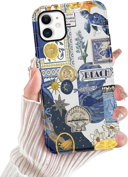 Cute Summer Collage Phone Case for iPhone 11, Summer Beach Ocean Vintage Seashell Flower Collage Design Cover，2-Layer Shcokproof Cove for Women Men -Ocean Lemon Collage