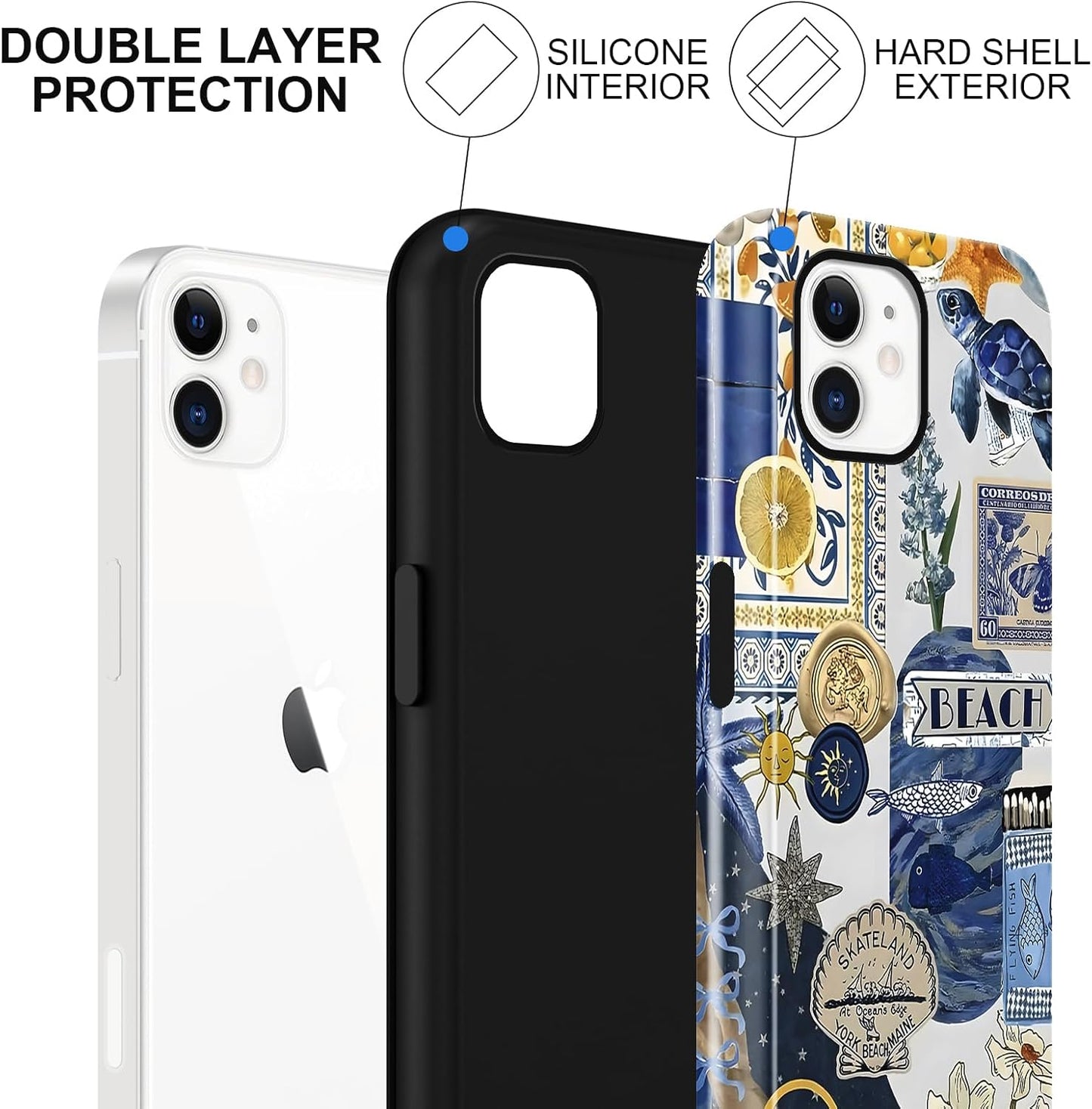 Cute Summer Collage Phone Case for iPhone 11, Summer Beach Ocean Vintage Seashell Flower Collage Design Cover，2-Layer Shcokproof Cove for Women Men -Ocean Lemon Collage