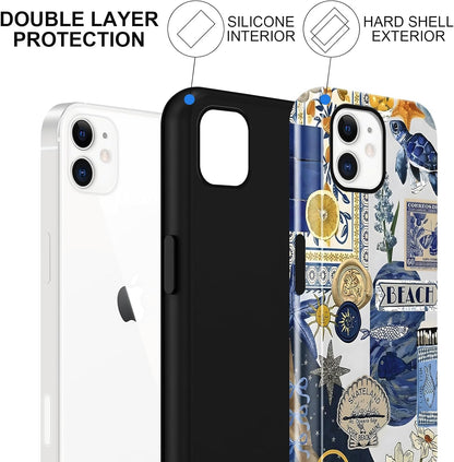 Cute Summer Collage Phone Case for iPhone 11, Summer Beach Ocean Vintage Seashell Flower Collage Design Cover，2-Layer Shcokproof Cove for Women Men -Ocean Lemon Collage