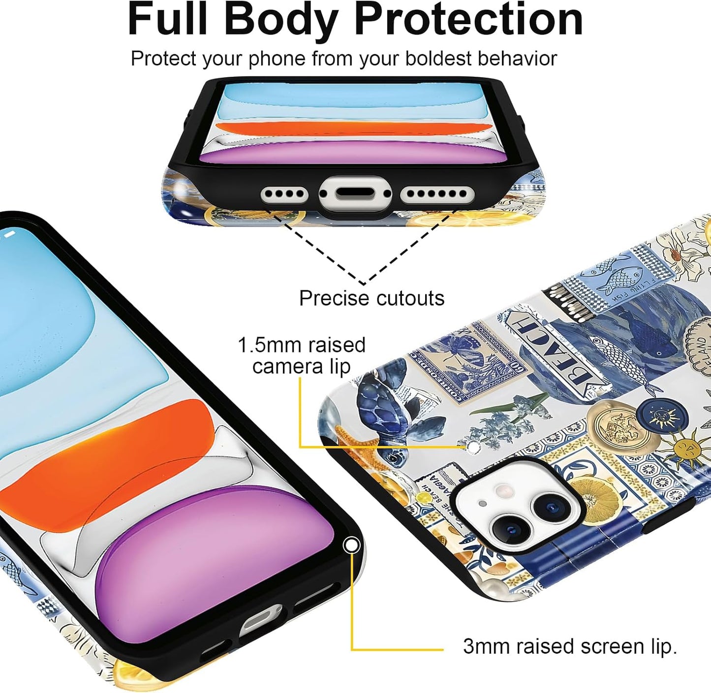 Cute Summer Collage Phone Case for iPhone 11, Summer Beach Ocean Vintage Seashell Flower Collage Design Cover，2-Layer Shcokproof Cove for Women Men -Ocean Lemon Collage