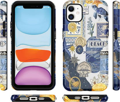 Cute Summer Collage Phone Case for iPhone 11, Summer Beach Ocean Vintage Seashell Flower Collage Design Cover，2-Layer Shcokproof Cove for Women Men -Ocean Lemon Collage