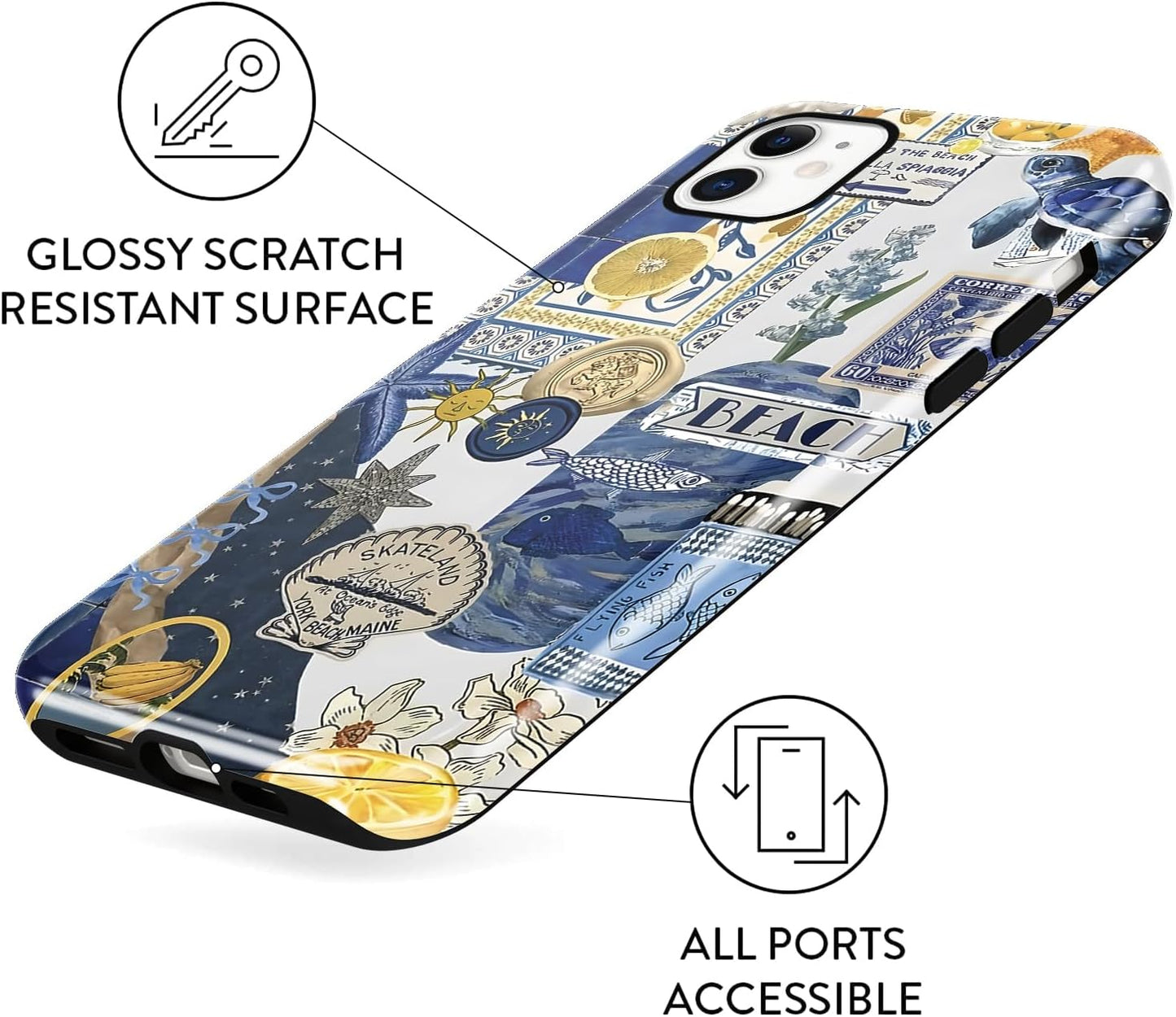Cute Summer Collage Phone Case for iPhone 11, Summer Beach Ocean Vintage Seashell Flower Collage Design Cover，2-Layer Shcokproof Cove for Women Men -Ocean Lemon Collage