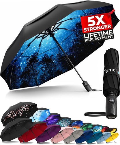 Strongest Windproof Travel Umbrella (Compact, 100MPH Wind-Tested), Light, Portable, One-Handed Use, Automatic Folding Rain Umbrella, Durable, Premium Grip, Fits Car & Backpack