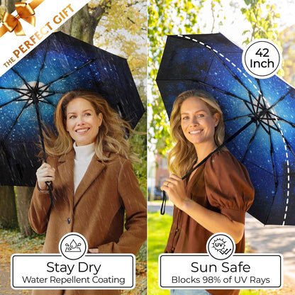 Strongest Windproof Travel Umbrella (Compact, 100MPH Wind-Tested), Light, Portable, One-Handed Use, Automatic Folding Rain Umbrella, Durable, Premium Grip, Fits Car & Backpack