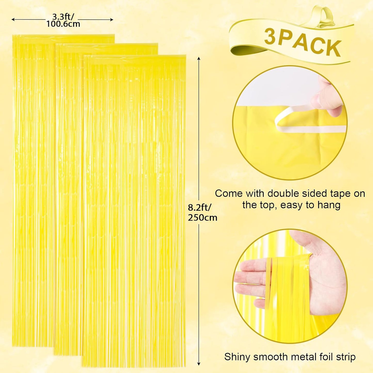 Pastel Yellow Foil Fringe Backdrop Curtains,3.3x8.2ft, 3 Pack | Tinsel Streamers, Door Shimmer, For Baby Shower, Birthday Party Decorations, Graduations