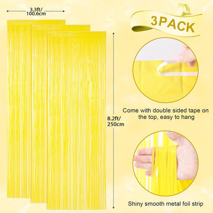 Pastel Yellow Foil Fringe Backdrop Curtains,3.3x8.2ft, 3 Pack | Tinsel Streamers, Door Shimmer, For Baby Shower, Birthday Party Decorations, Graduations