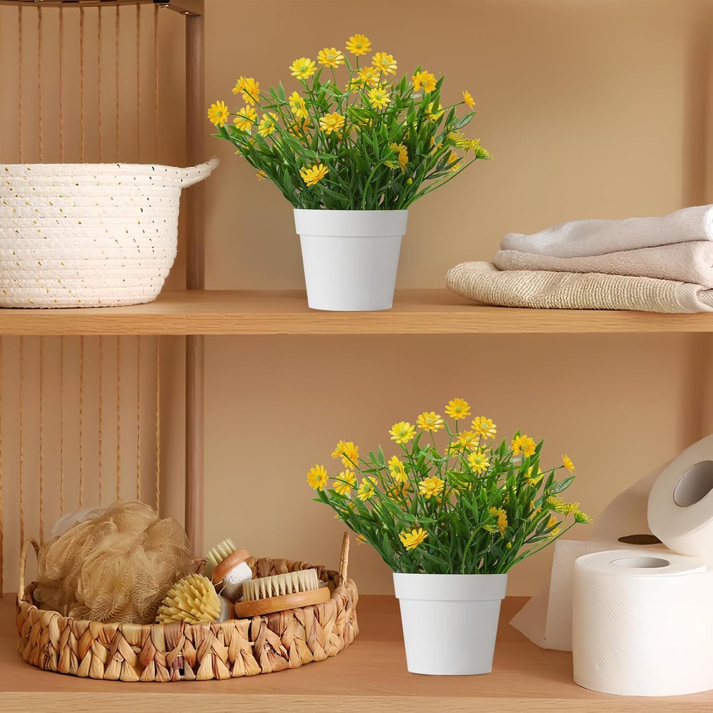 Fake Plants Daisy for Bathroom Decor, Small Potted Artificial Plants Indoor for Shelf Desk Home Bathroom Farmhouse Room Coffee Table Decor, Yellow