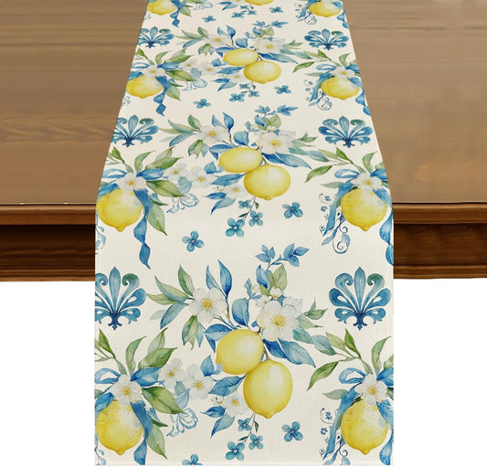 Summer Blue Lemon Iris Table Runner 13x72 Inch Seasonal Spring Kitchen Dining Table Decor for Indoor Outdoor Farmhouse Home Party Decoration ZQ122