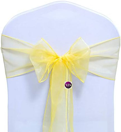 Pack of 100 Organza Chair Sashes for Weddings & Events Décor | Sheer Shiny Dining Chair Bows for Banquet, Party, Reception | Reusable Decorative Sash for Folding & Chiavari Chairs - Yellow