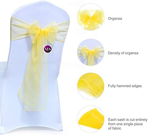 Pack of 100 Organza Chair Sashes for Weddings & Events Décor | Sheer Shiny Dining Chair Bows for Banquet, Party, Reception | Reusable Decorative Sash for Folding & Chiavari Chairs - Yellow