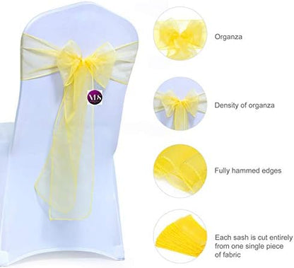 Pack of 100 Organza Chair Sashes for Weddings & Events Décor | Sheer Shiny Dining Chair Bows for Banquet, Party, Reception | Reusable Decorative Sash for Folding & Chiavari Chairs - Yellow
