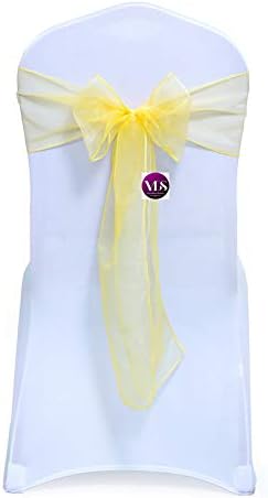 Pack of 100 Organza Chair Sashes for Weddings & Events Décor | Sheer Shiny Dining Chair Bows for Banquet, Party, Reception | Reusable Decorative Sash for Folding & Chiavari Chairs - Yellow